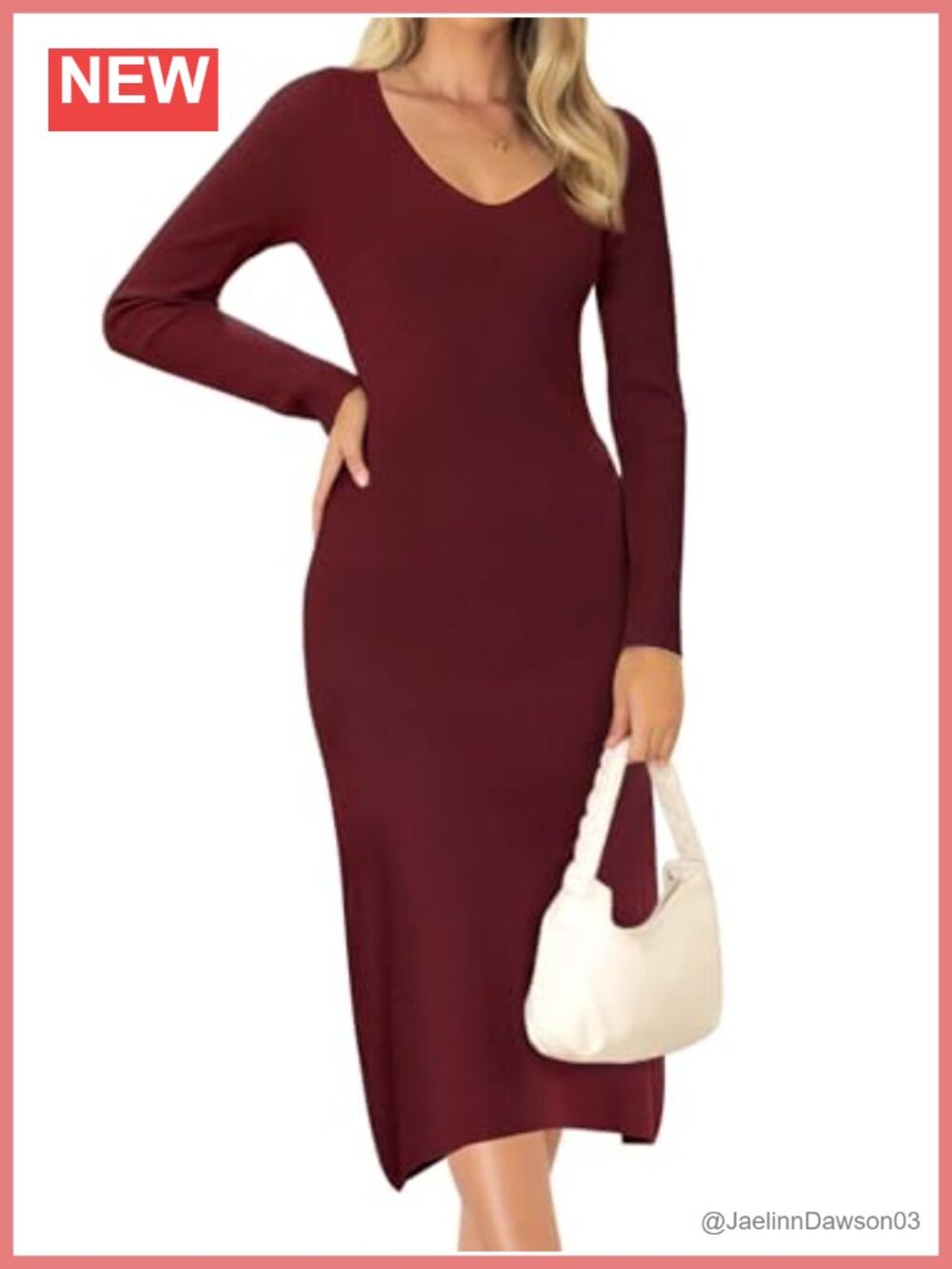 Midi Sweater Dress V Neck Long Sleeve Bodycon Knit